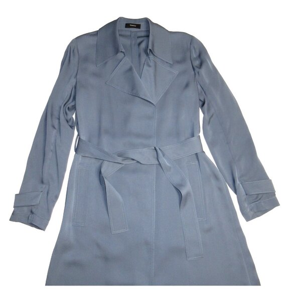 NWT Theory Oaklane Silk Trench in River Blue Modern Georgette Coat P XS $595 - Picture 4 of 6